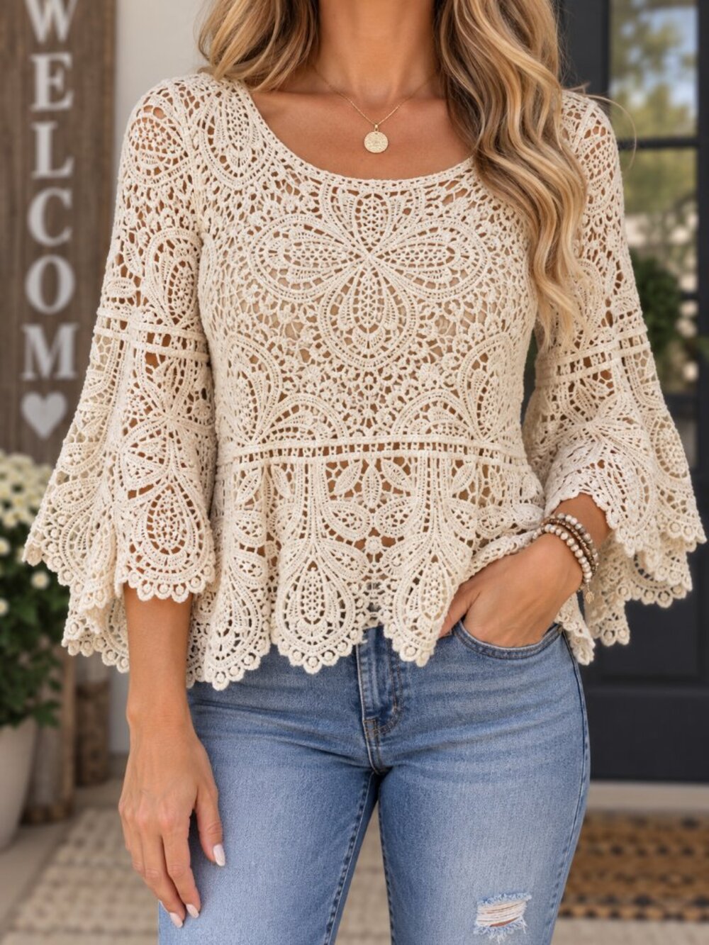Cream Crochet Lace Bell Sleeve Top/Cover Up Womens Medium Boho